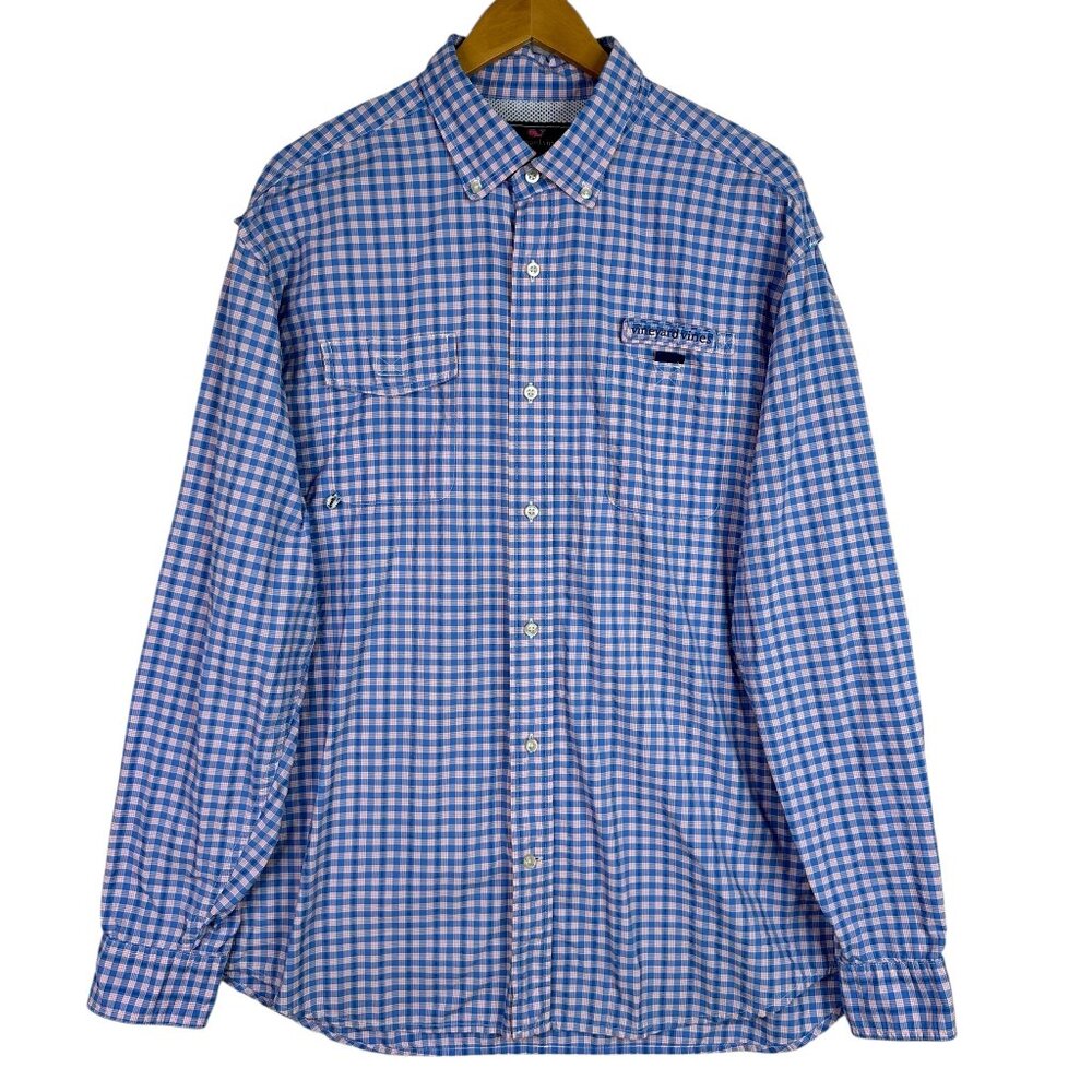 Vineyard Vines Performance Harbor Shirt Mens‎ XL Blue Gingham Vented Seersucker